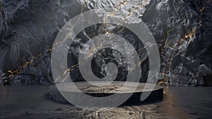 A black and gold of a nature marble platform surrounded by rocks.