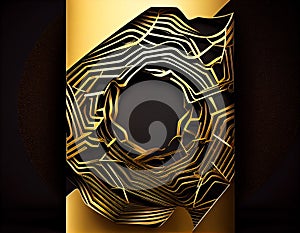 Black and gold poster design geometric element. futuristic broken ring structure material, Metallic curve geometry background,