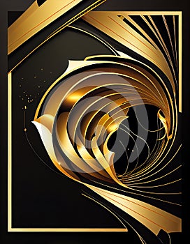 Black and gold poster design geometric element. futuristic broken ring structure material, Metallic curve geometry background,