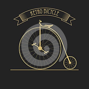 Black gold retro style illustration of old vintage bicycle