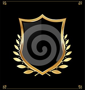 Black and gold shield with laurel wreath vector illustration