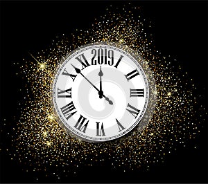 Shiny 2019 New Year background with clock. Greeting card.
