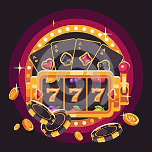 Black and gold slot machine with playing cards, poker chips and gold coins. Casino flat illustration