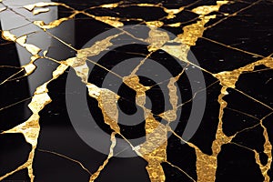 a black and gold table with a black background and gold foiling on it's surface.