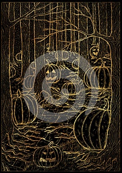 Black and gold textured illustration with path or trailway, scary pumpkin head and lanterns hiding behind the  gloomy trees in