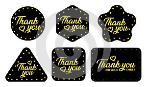 Black and gold Thank you classic stickers. Set labels and bages. Logo circle stamp set. Vector illustration. Template