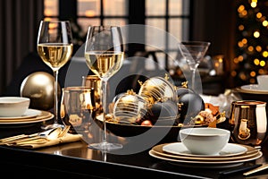 A black and gold-themed brunch table with minimalistic tableware, champagne flutes, and holiday treats, perfect for a