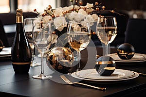 A black and gold-themed brunch table with minimalistic tableware, champagne flutes, and holiday treats, perfect for a