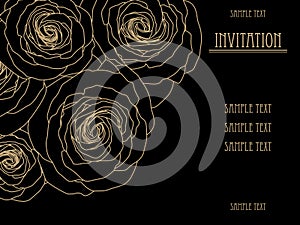 Black and gold wallpaper with big roses, gold invitation card, fashion pattern, design