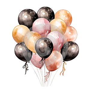 black, gold and white balloons with pink bows and ribbons
