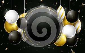 Black, gold and white christmas balls with black circle space for your design. Christmas Banner, posters, headers, cards