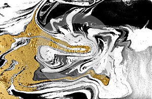 Black, gold and white marbling background. Unique artwork texture. Marble pattern imitation. Stock illustration.