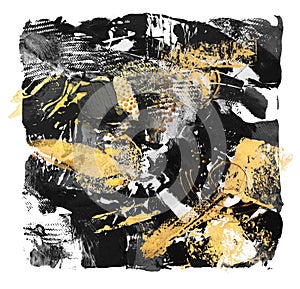 Black, gold and white square. Abstract color acrylic and watercolor painting. Monoprint template. Canvas vintage grunge texture photo