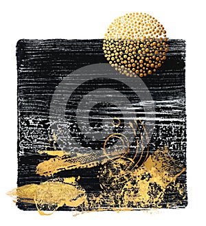 Black, gold and white square. Abstract color acrylic and watercolor painting. Monoprint template. Canvas vintage grunge texture photo