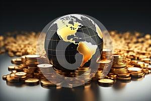 Black and gold world globe encircled by gleaming stacked gold coins