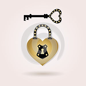 Black and golden abstract heart shape padlock and a key icons