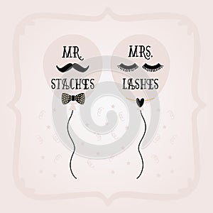 Black and golden abstract Mrs. Lashes and Mr. Staches balloons and frame wedding card on pink