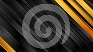 Black and golden abstract tech motion background with glossy stripes