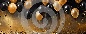 Black and golden balloons and confetti on dark glistering background. Birthday, holiday or party background. Banner with empty photo