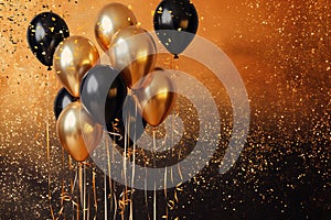 Black and golden balloons and confetti on dark orange glistering background. Birthday, holiday or party background. Empty space