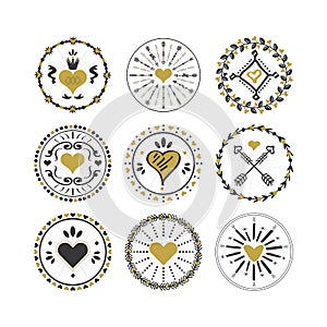 Black and golden circle hearts emblems and stamps set