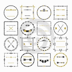 Black and golden empty circle and square border emblem design elements set