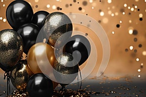 Black and golden glitter balloons and confetti on glistering background. Birthday, holiday or party background. Empty space for