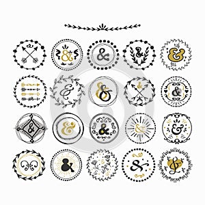 Black and golden hand drawn cute circle ampersands emblems set