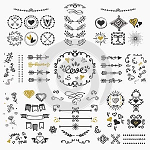 Black and golden hand drawn design elements set on white background