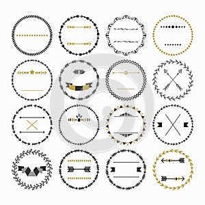 Black and golden hand drawn empty circle emblems set on white background