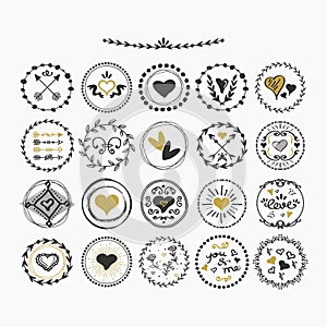 Black and golden hand drawn hearts emblems set on white background