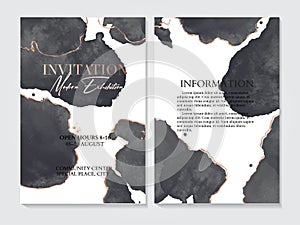 Black golden invitation  template. Gold marble watercolor ink. Exhibition  brochure decoration. Luxury design set