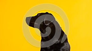 Black golden labrador retriever dog isolated on yellow background. Studio shot