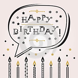 Black and golden speech bubble Happy Birthday message and candles icons on pink
