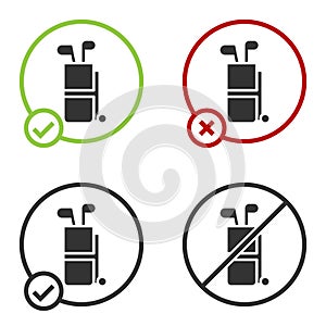 Black Golf bag with clubs icon isolated on white background. Circle button. Vector