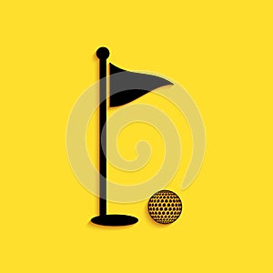 Black Golf ball and hole with flag icon isolated on yellow background. Golf course. Ball and flagstick in hole. Sport