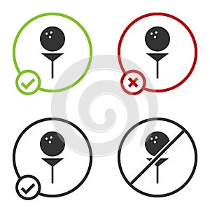 Black Golf ball on tee icon isolated on white background. Circle button. Vector Illustration