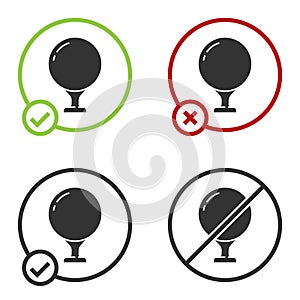 Black Golf ball on tee icon isolated on white background. Circle button. Vector Illustration