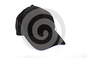 Black golf cap with purple colour trim on white background