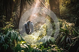 Black gorilla in a beautiful sunlit forest with golden light rays