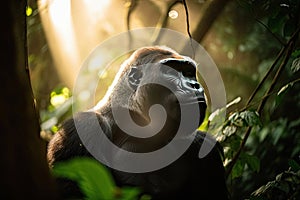 Black gorilla in a beautiful sunlit forest with golden light rays