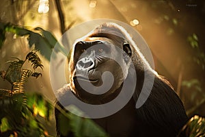 Black gorilla in a beautiful sunlit forest with golden light rays