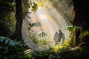 Black gorilla in a beautiful sunlit forest with golden light rays