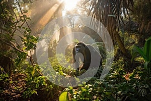 Black gorilla in a beautiful sunlit forest with golden light rays