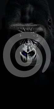 Realistic Gorilla Face Wallpaper: Black Background With Precisionist Art Style photo