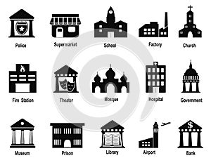 Black government building icons set