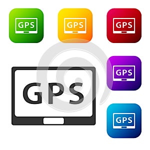 Black Gps device with map icon isolated on white background. Set icons in color square buttons. Vector Illustration