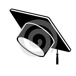 Black graduate cap glyph icon vector object on white background. Student hat element. Learning, education, graduation