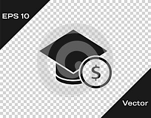 Black Graduation cap and coin icon isolated on transparent background. Education and money. Concept of scholarship cost