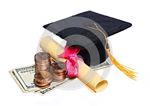 Black Graduation Cap and Degree with Money